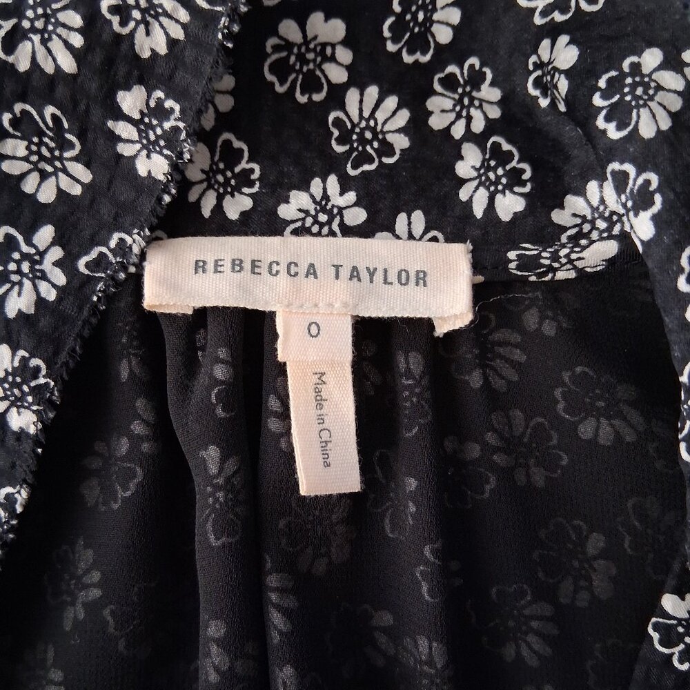 Rebecca Taylor Rue Silk Dress Black White Tie Neck Floral Smocked Cuffs Size 0 - Picture 10 of 11